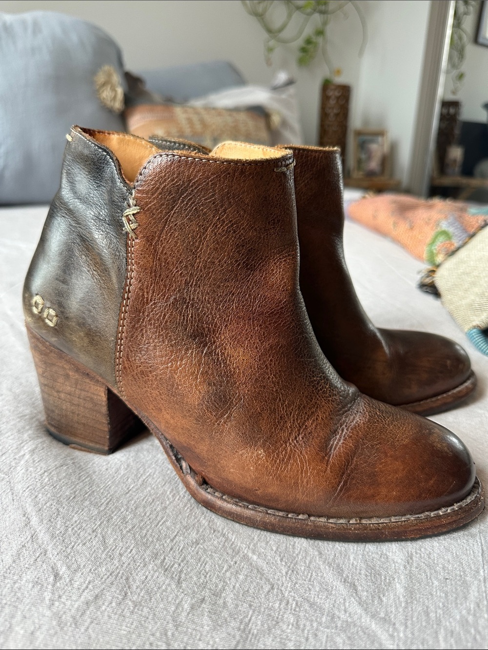 Bed Stu Brown Leather Ankle Booties with Block Heel